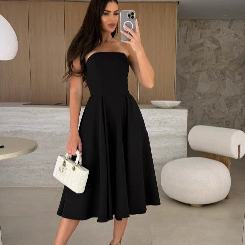 Robe midi à ligne A sans bretelles pour femmes avec jupe fluide Chic und Stil