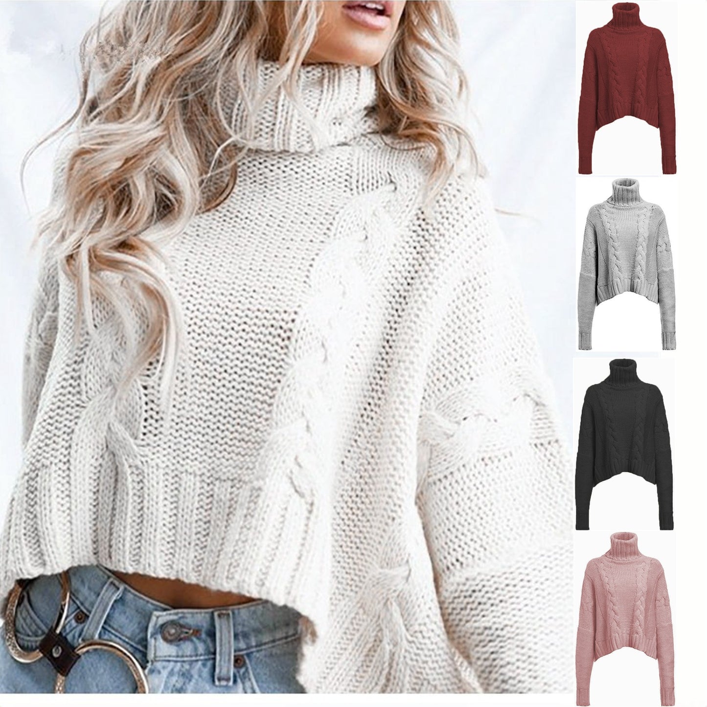 Pull en grosse maille pour femmes avec col haut et design de torsades unique Chic und Stil