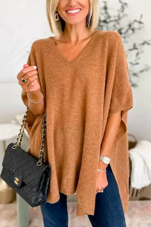 Pull V pour femmes en tricot fin avec des manches larges et un style décontracté Chic und Stil