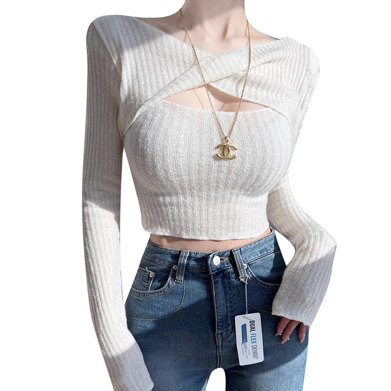Dames Cut-Out Manches Longues Ripp Crop Top Chic und Stil