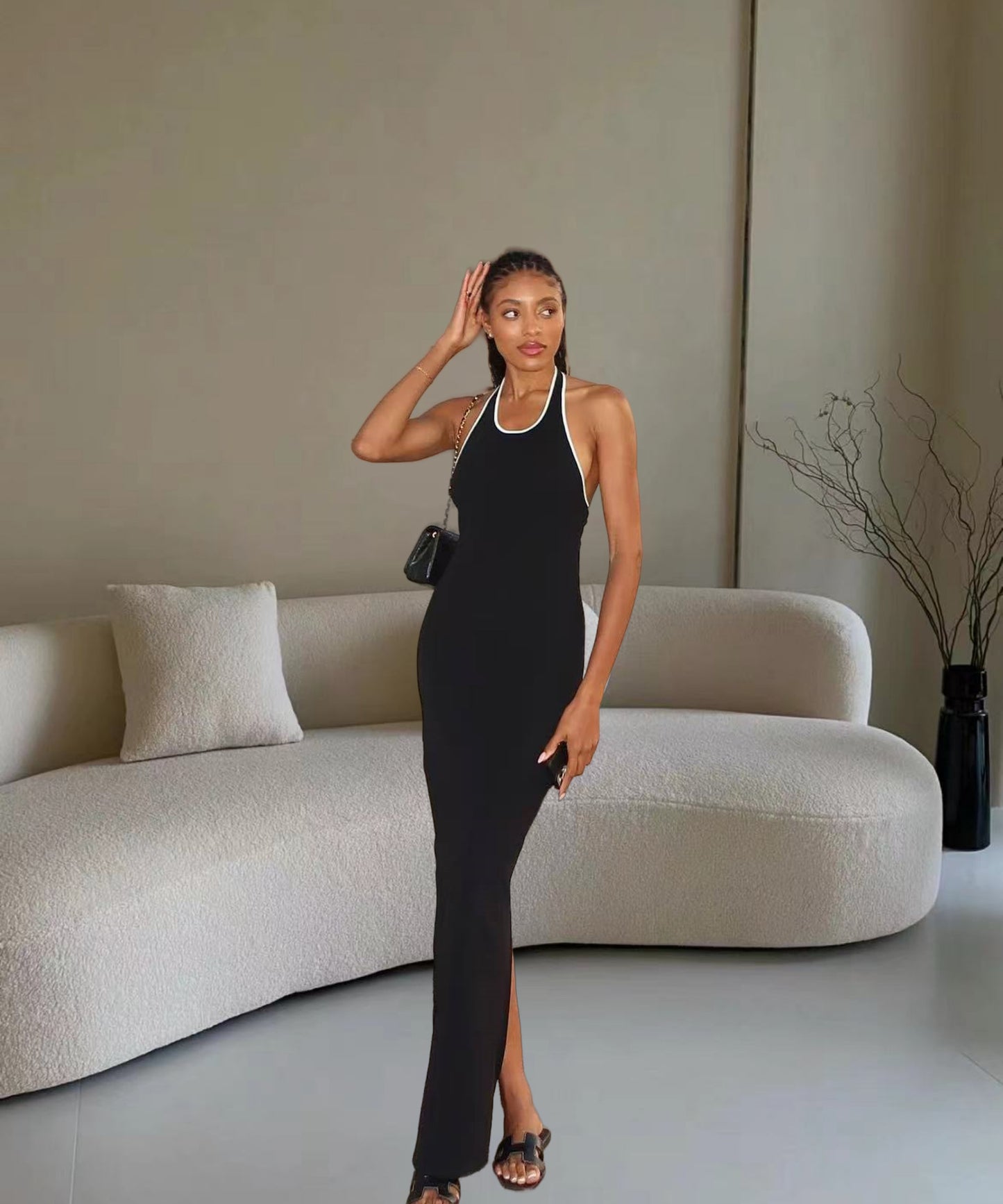 Dames Robe Maxi Élégante avec Décolleté en V Profond et Fente Latérale Chic und Stil