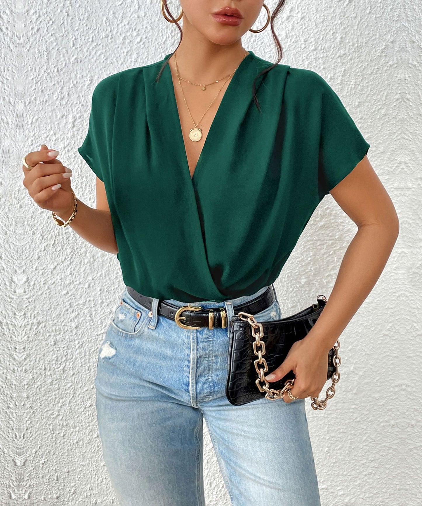Blouse élégante à col en V pour femmes à manches courtes Chic und Stil