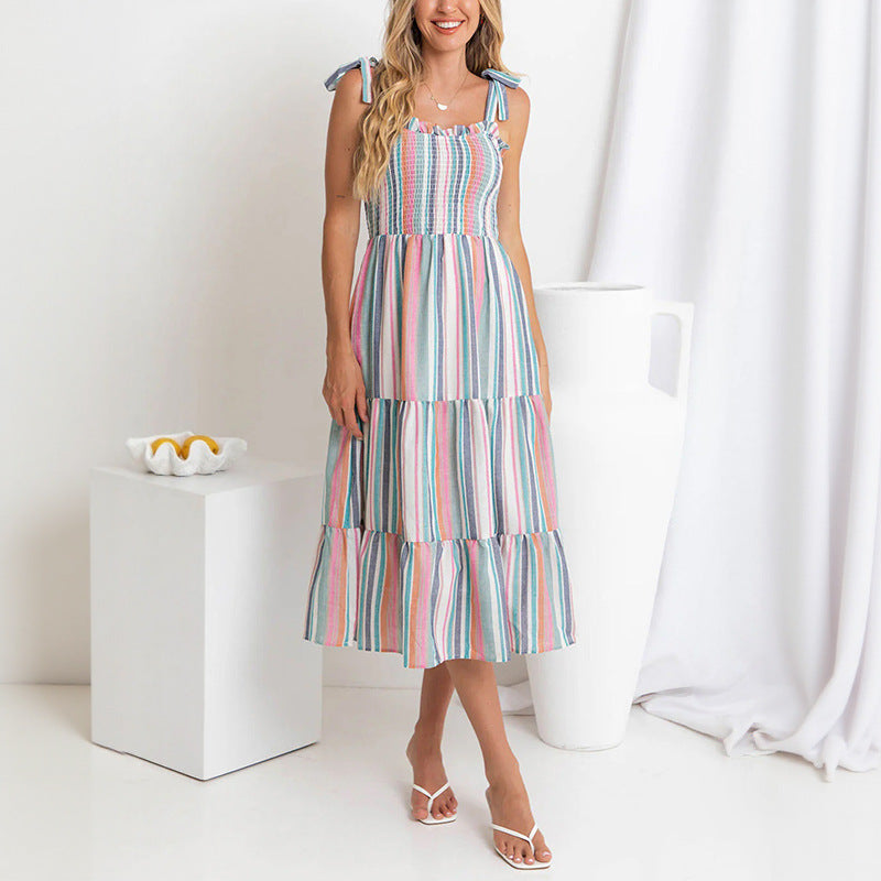 Robe maxi rayée pour femmes avec bretelles spaghetti réglables Chic und Stil