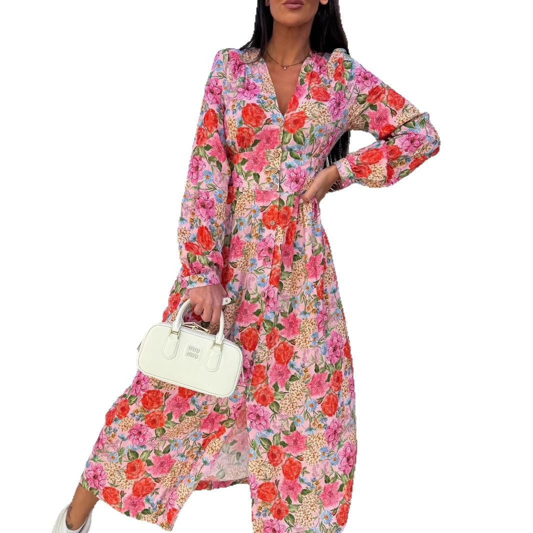 Robe maxi imprimé floral pour femmes avec patte de boutonnage Chic und Stil
