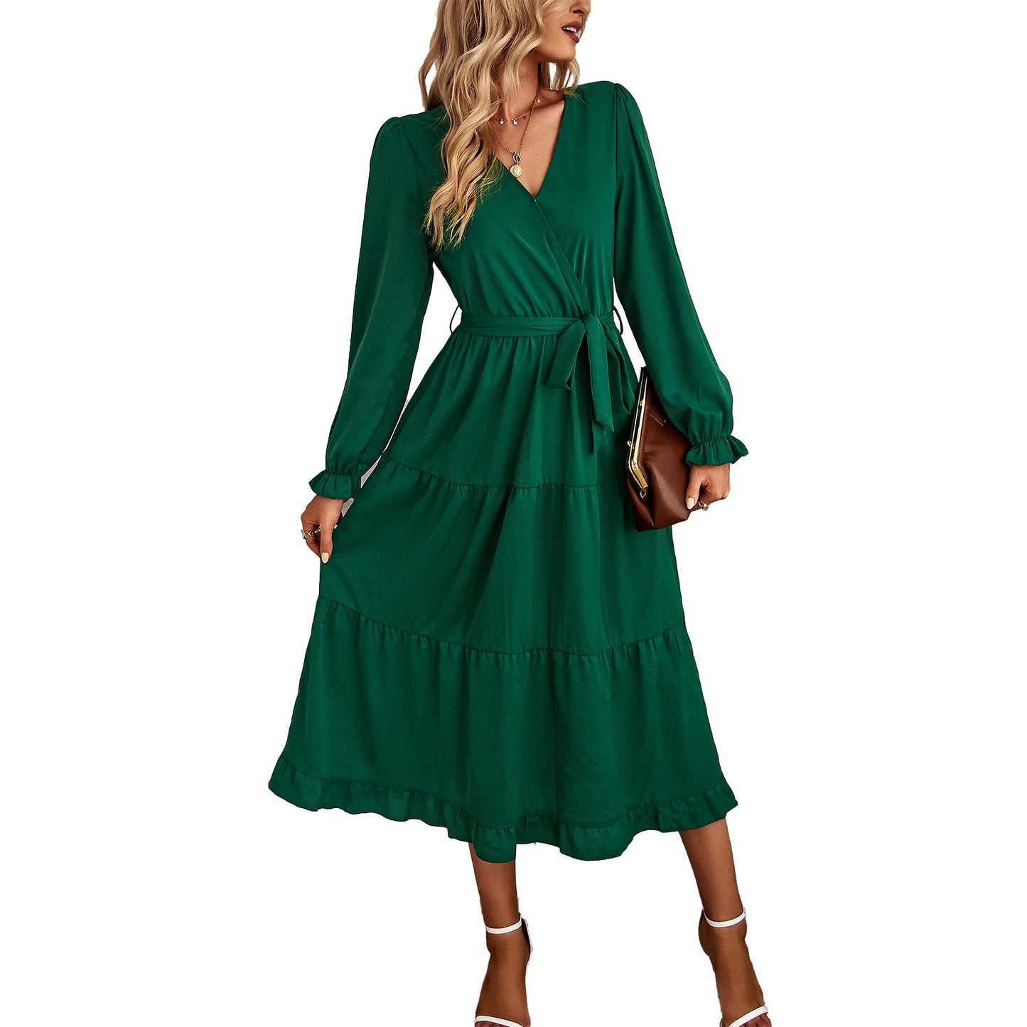 Robe portefeuille élégante pour femmes avec détails en volants et ceinture à la taille Chic und Stil