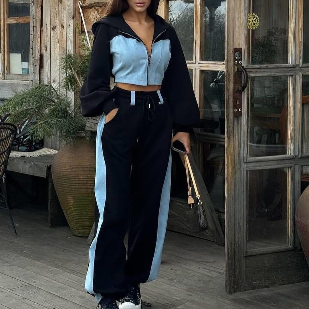 Ladies Two-Piece Sports Set with Crop Top and Loose Pants Chic and Style