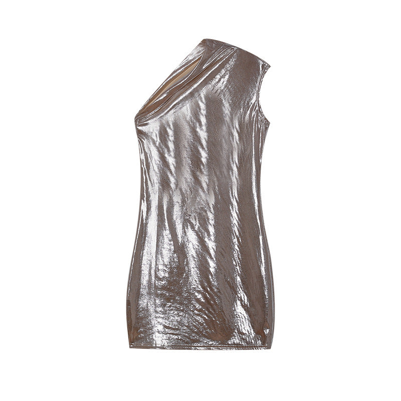 Chic and Stylish Women's Metallic Asymmetric Shift Dress