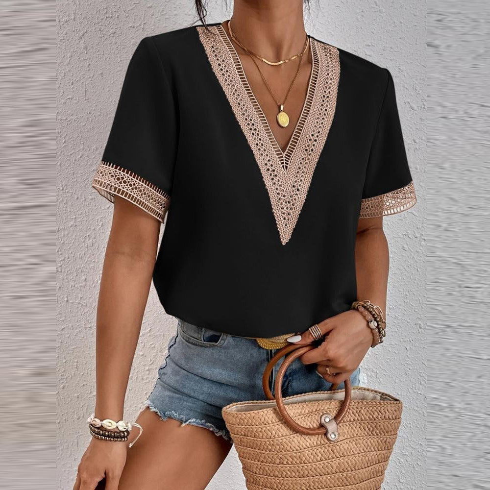 Blouse Chic und Stil élégante à col en V avec dentelle pour femmes