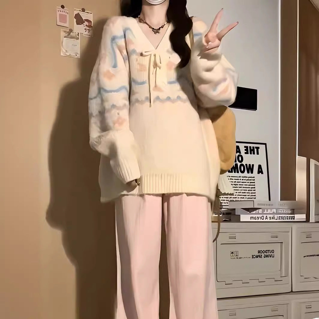 Pull décontracté pour femmes avec décolleté en V et lacets à la mode Chic und Stil