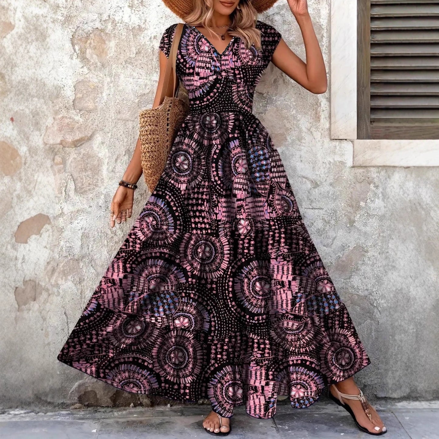 Robe Maxi pour femmes avec design floral et décolleté en V flatteur Chic und Stil