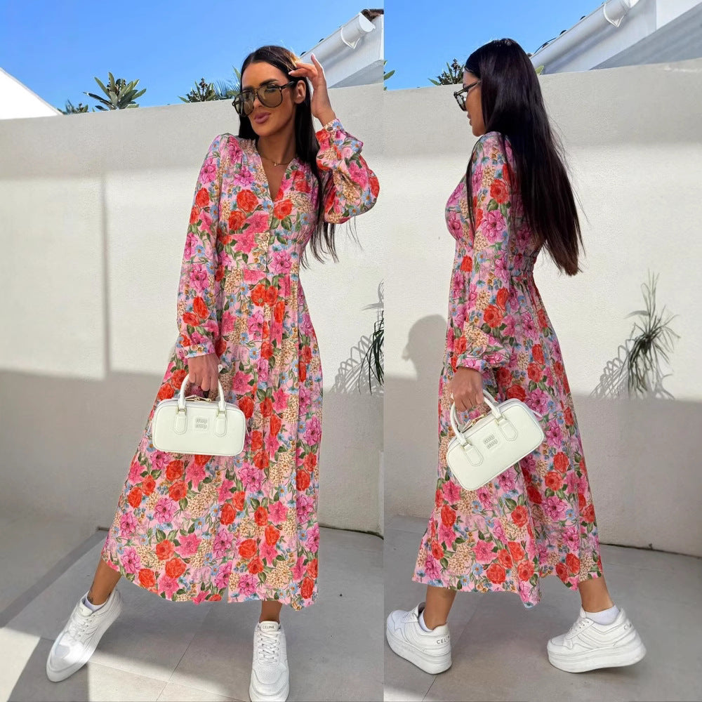 Robe maxi imprimé floral pour femmes avec patte de boutonnage Chic und Stil