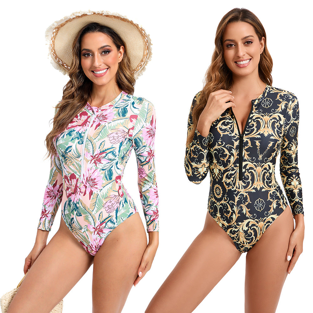 Maillot de bain à manches longues pour femmes avec imprimé floral et zip intégral Chic und Stil