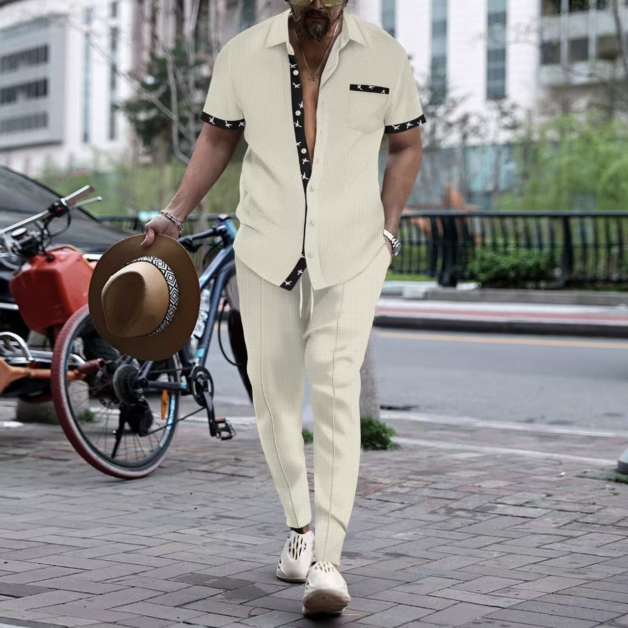 Veste décontractée pour hommes à la mode avec col créatif et pantalons élégants Chic und Stil