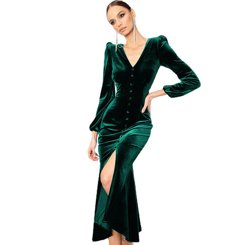 Robe maxi en velours pour femmes avec décolleté en V profond et détails de bouton Chic und Stil