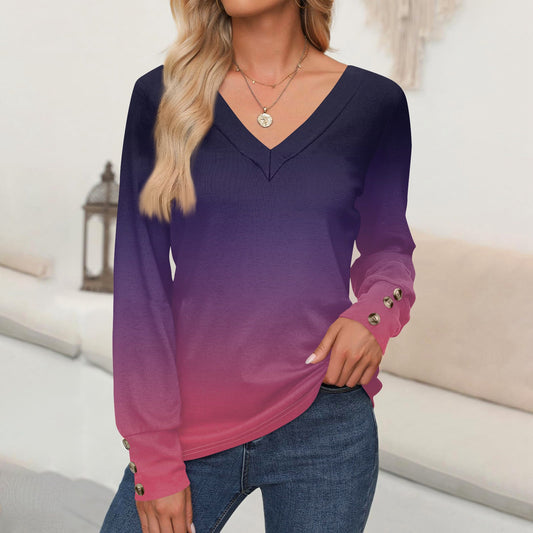 Chemise à manches longues pour femmes à col en V avec dégradé de couleurs tendance et élégants détails en bouton Chic und Stil