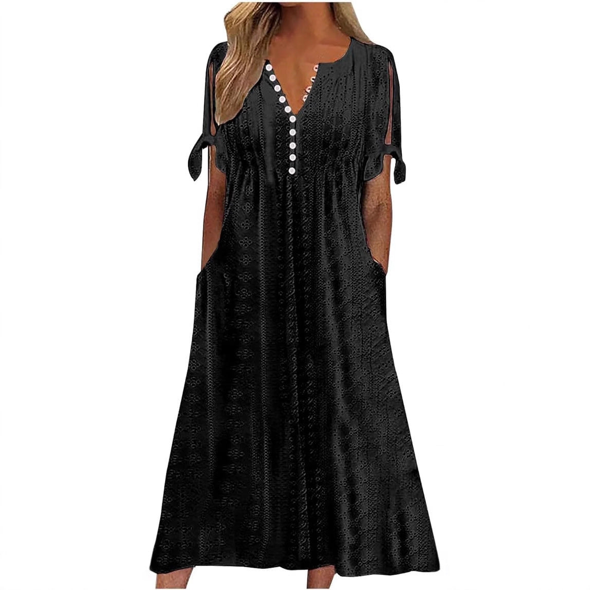 Robe midi aérienne pour femmes avec des motifs en trou décoratifs et des poches pratiques Chic und Stil