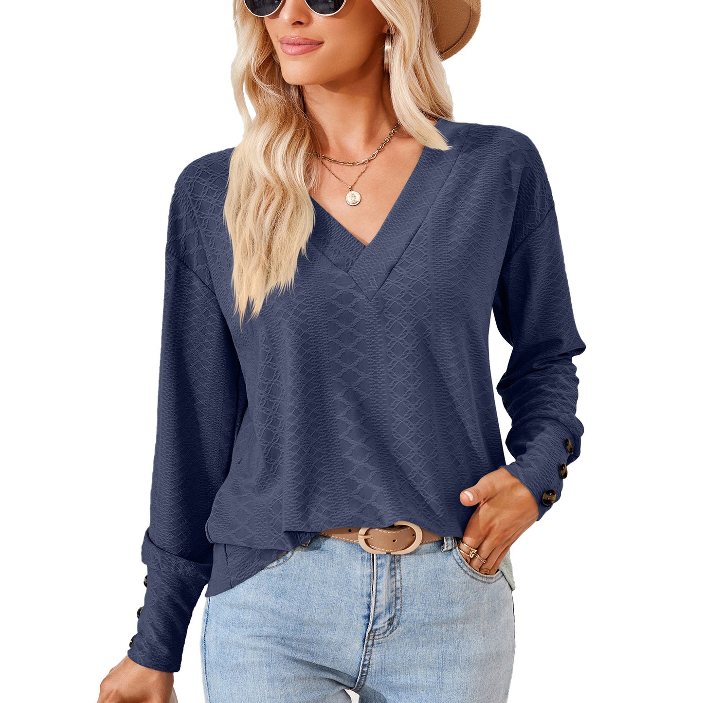 Blouse à manches longues pour femme avec un décolleté en V raffiné et un design structuré Chic und Stil