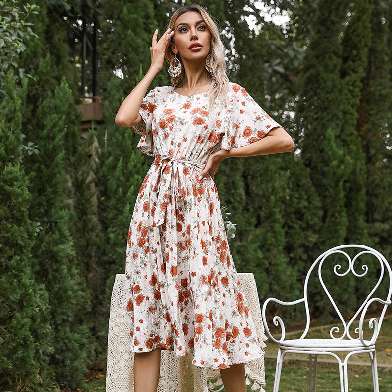 Robe midi portefeuille florale pour femmes avec manches cloche Chic und Stil