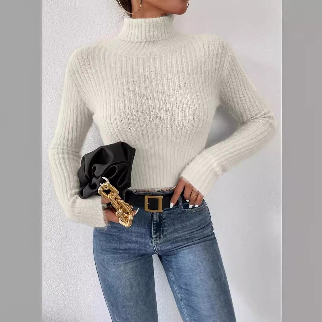 Dames pull fin en tricot avec col montant et design à côtes moderne Chic und Stil