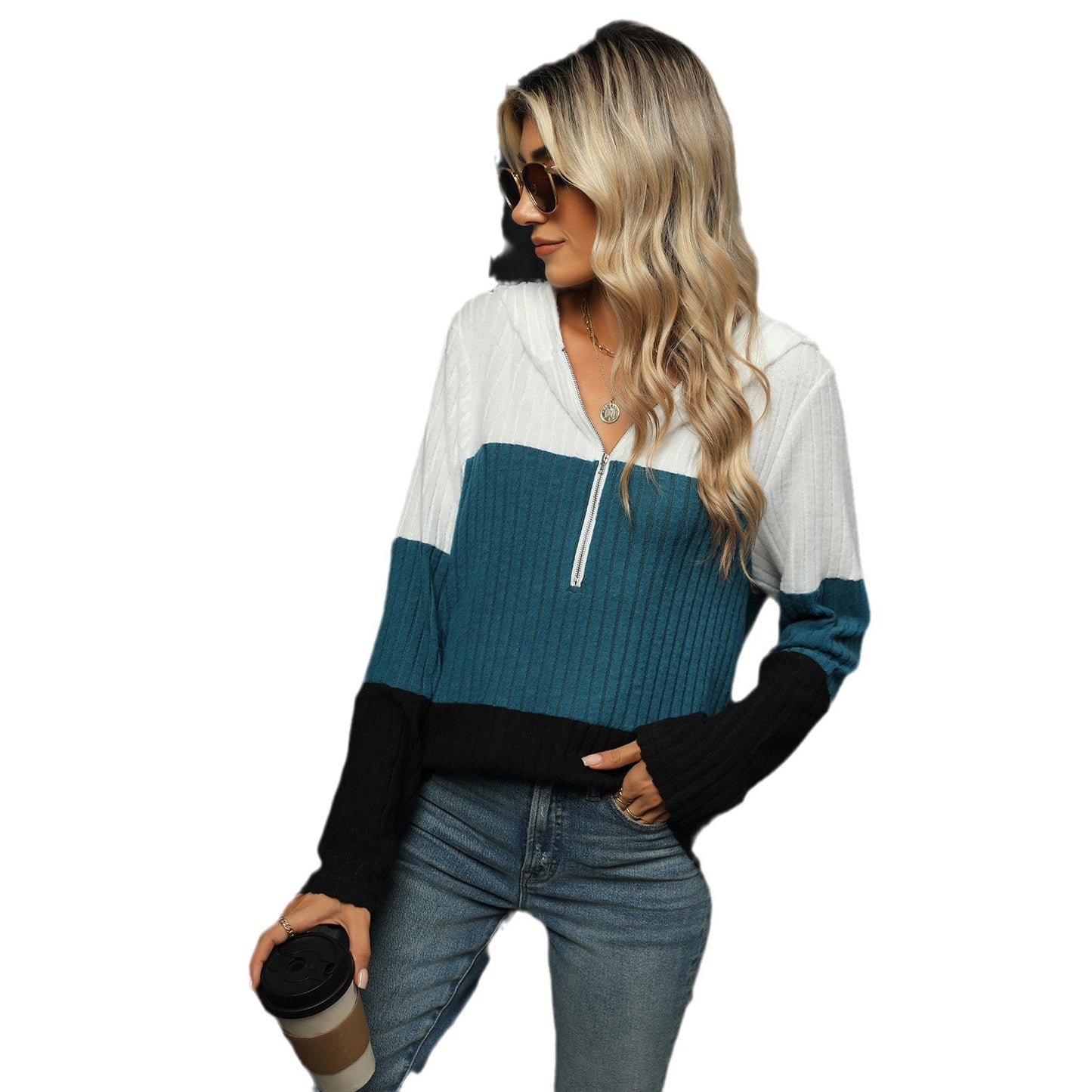Dames Pull décontracté avec col montant et bandes contrastantes Chic und Stil