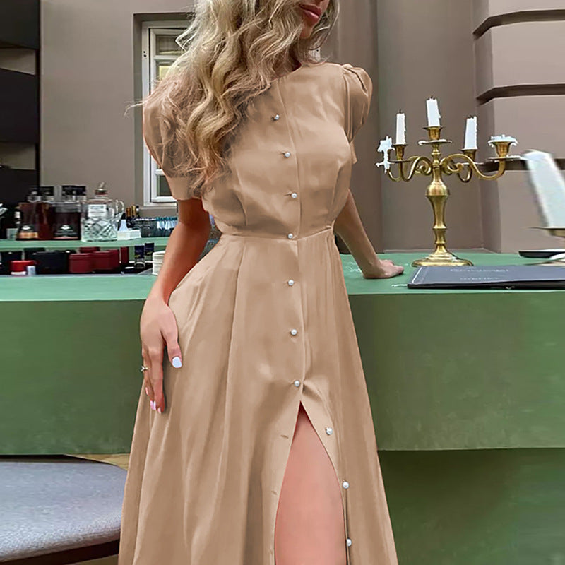 Robe maxi femme avec boutonnage, manches bouffantes et fente latérale Chic und Stil