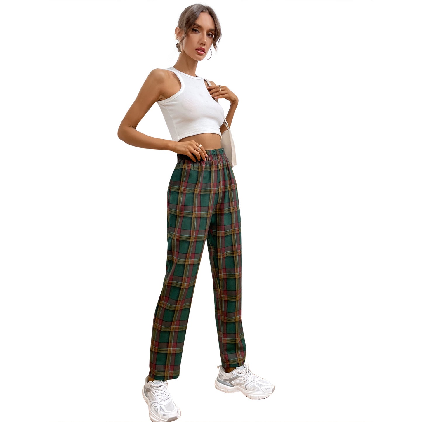 Pantalon à carreaux tendance pour femmes avec taille élastique Chic und Stil