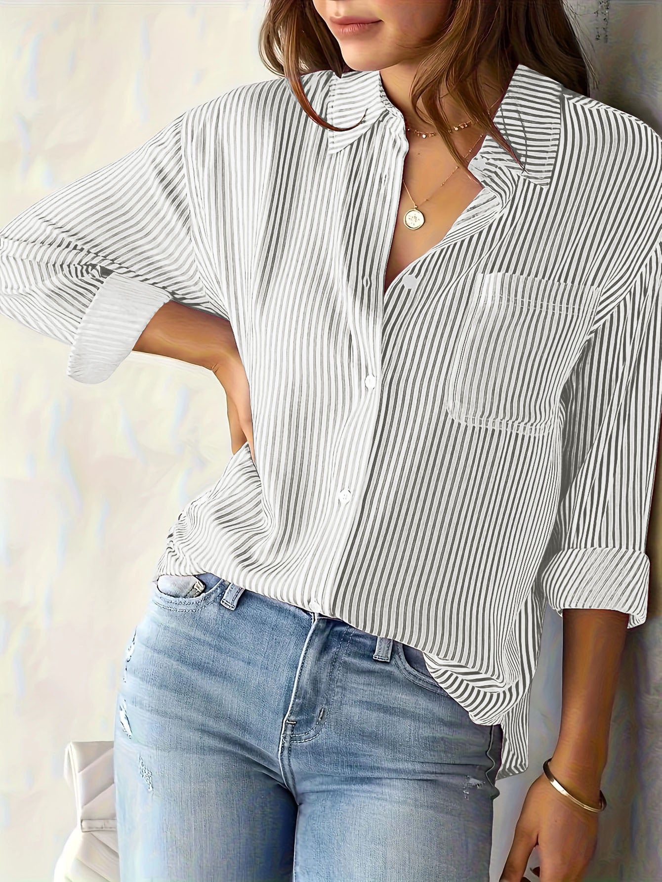 Blouse à manches longues pour femme avec de fines rayures et poche poitrine Chic und Stil