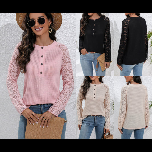 Chemise à manches longues en dentelle pour femmes avec détails de boutons et devant texturé Chic und Stil