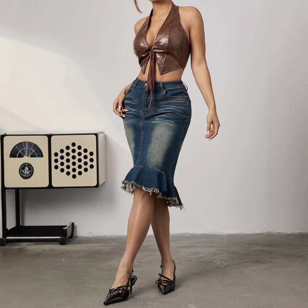 Jupe en jean pour femmes avec volant tendance et ourlet frangé Chic und Stil