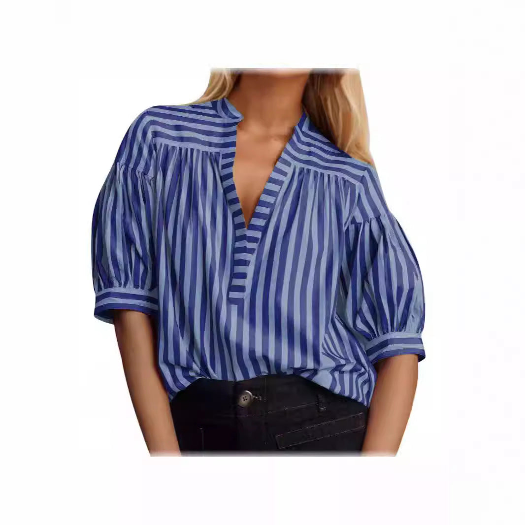 Blouse à manches bouffantes pour dames avec décolleté en V et motif rayé Chic und Stil