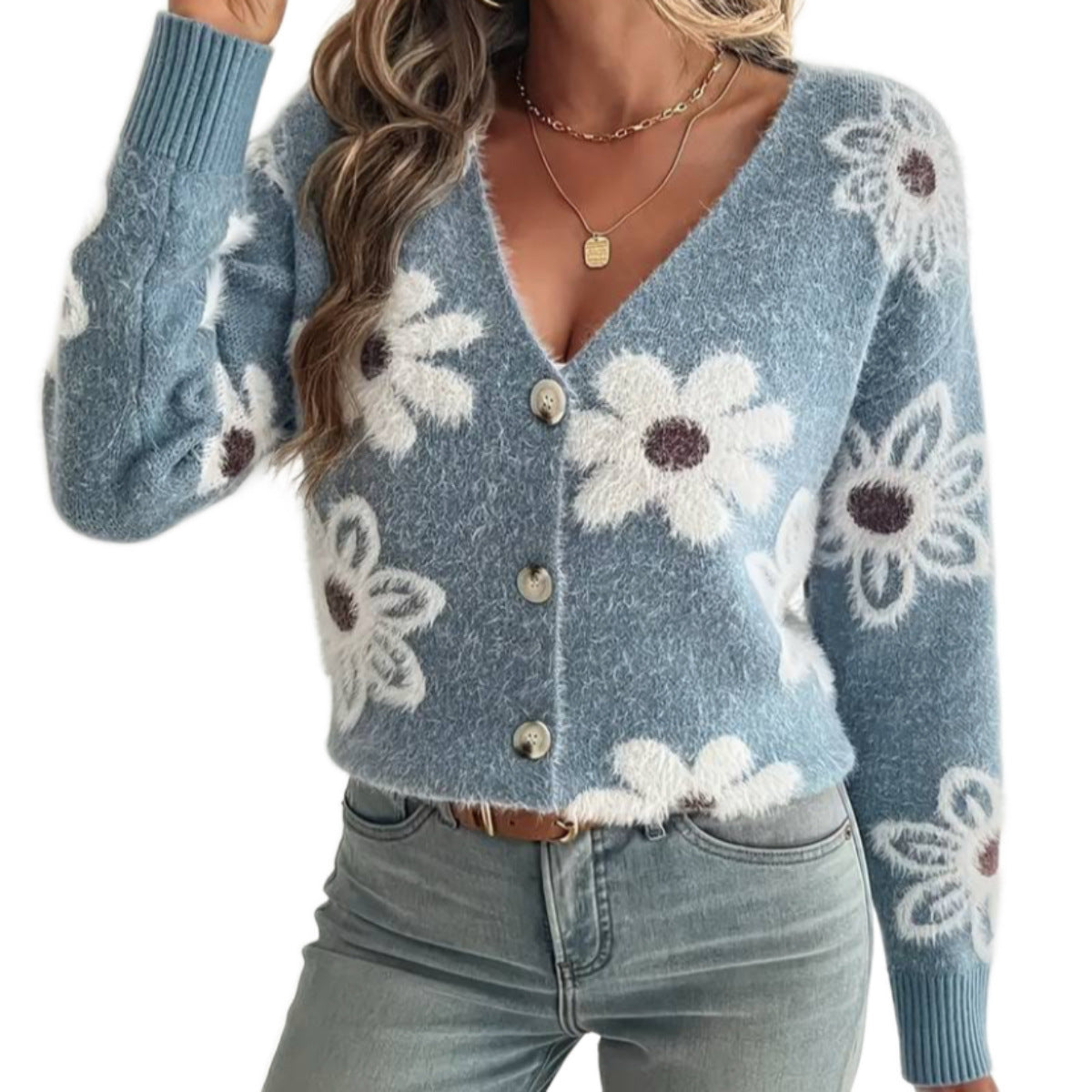 Cardigan féminin tendance avec des appliqués floraux Chic und Stil