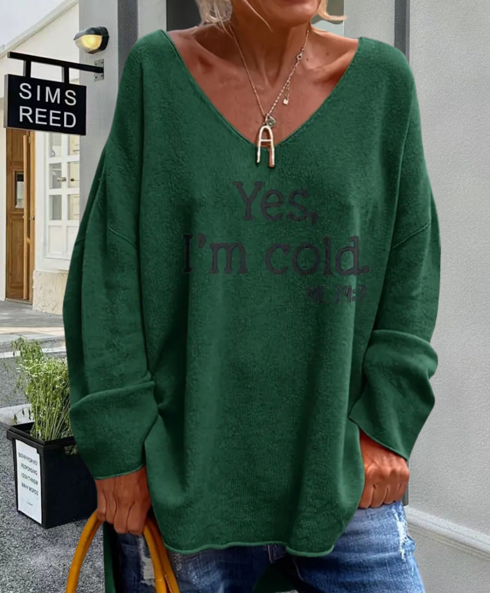 Dames pull oversized avec décolleté en V moderne et statement imprimé Chic und Stil