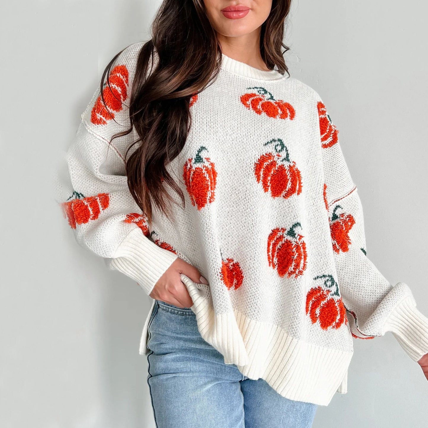 Pull-over en tricot pour femmes avec motif de citrouille Chic und Stil