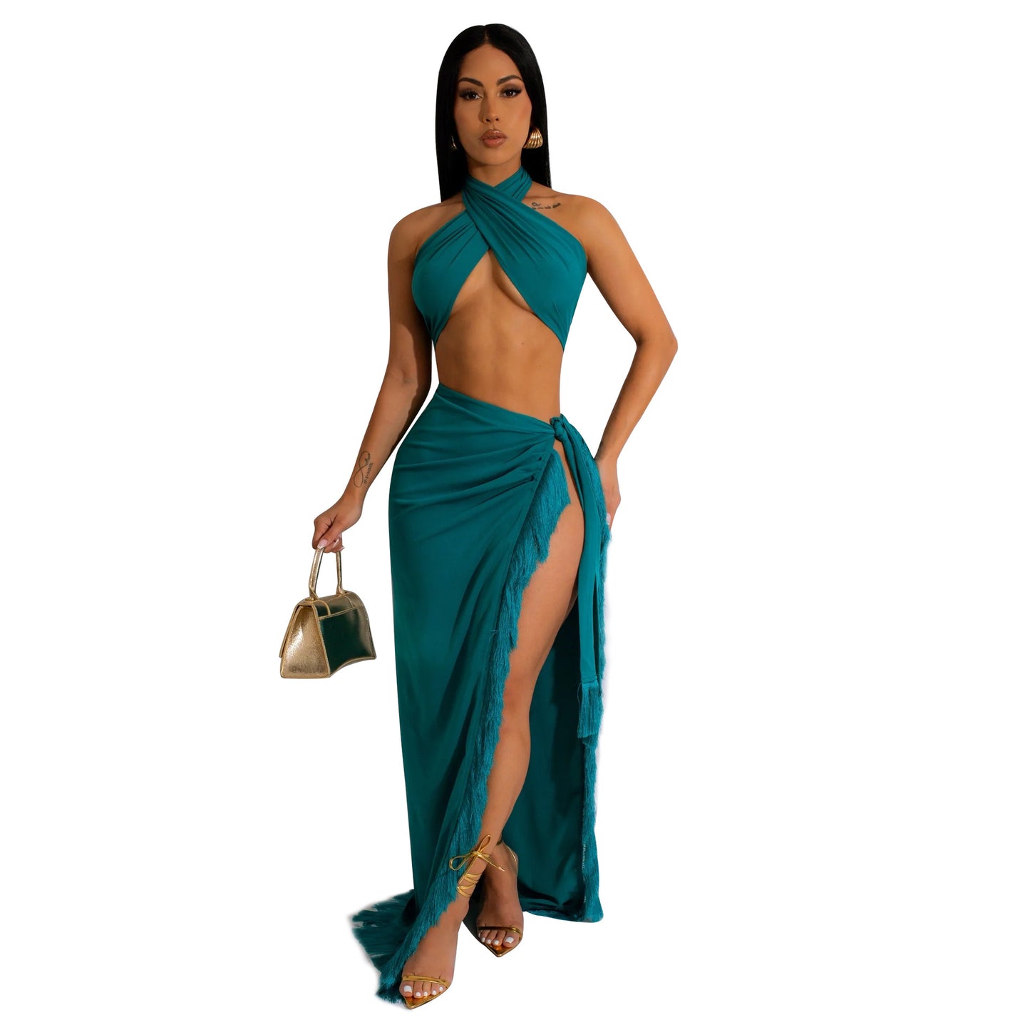 Women's Halter Neck Maxi Dress with High Slit Chic and Style