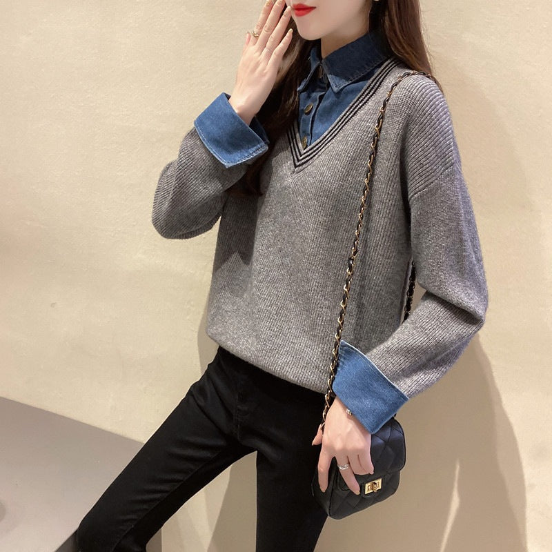 Pull femme à col V avec détails en denim Chic und Stil