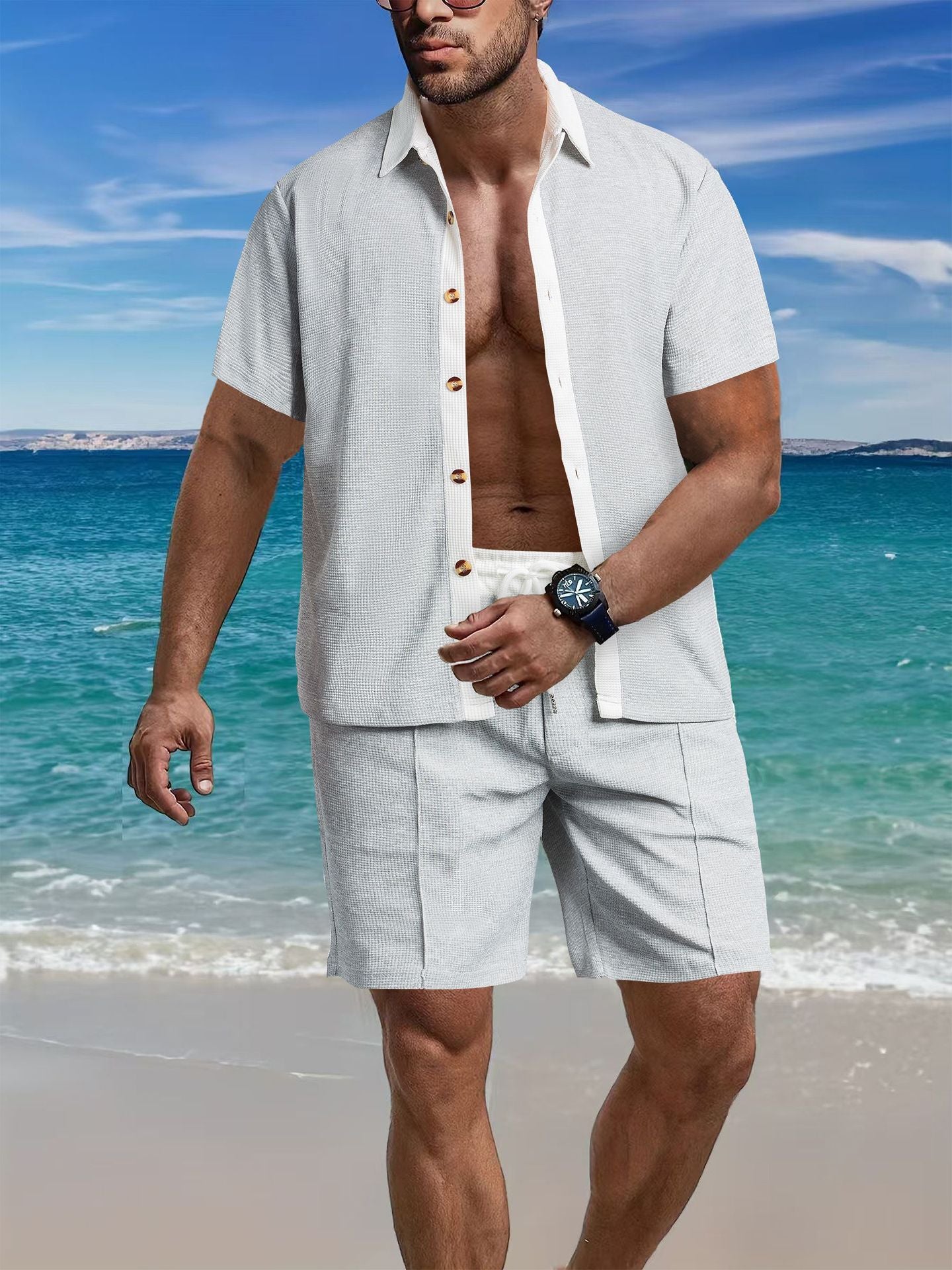 Homme ensemble de chemise à manches courtes décontractée et de shorts au design structuré Chic und Stil