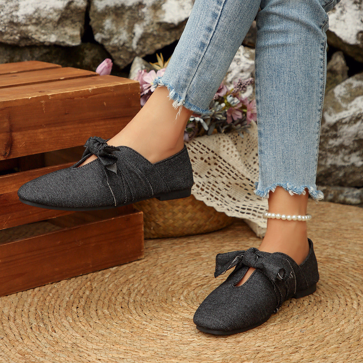 Dames Ballerines en Denim avec Détail de Nœud Chic und Stil