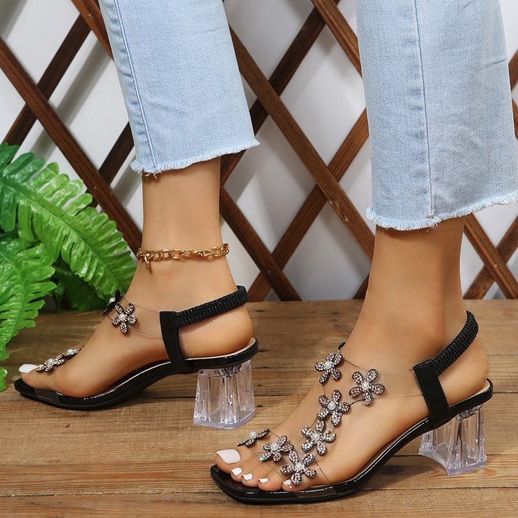 Sandales élégantes pour dames avec applications florales et talon transparent Chic und Stil