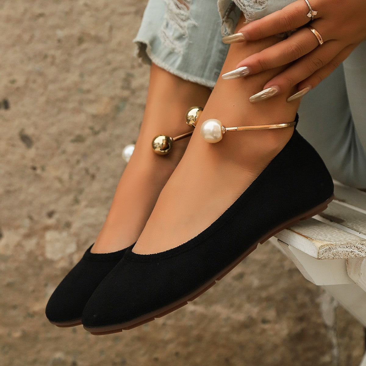 Dames Ballerines Élégantes avec Détail de Perles Tendance Chic und Stil