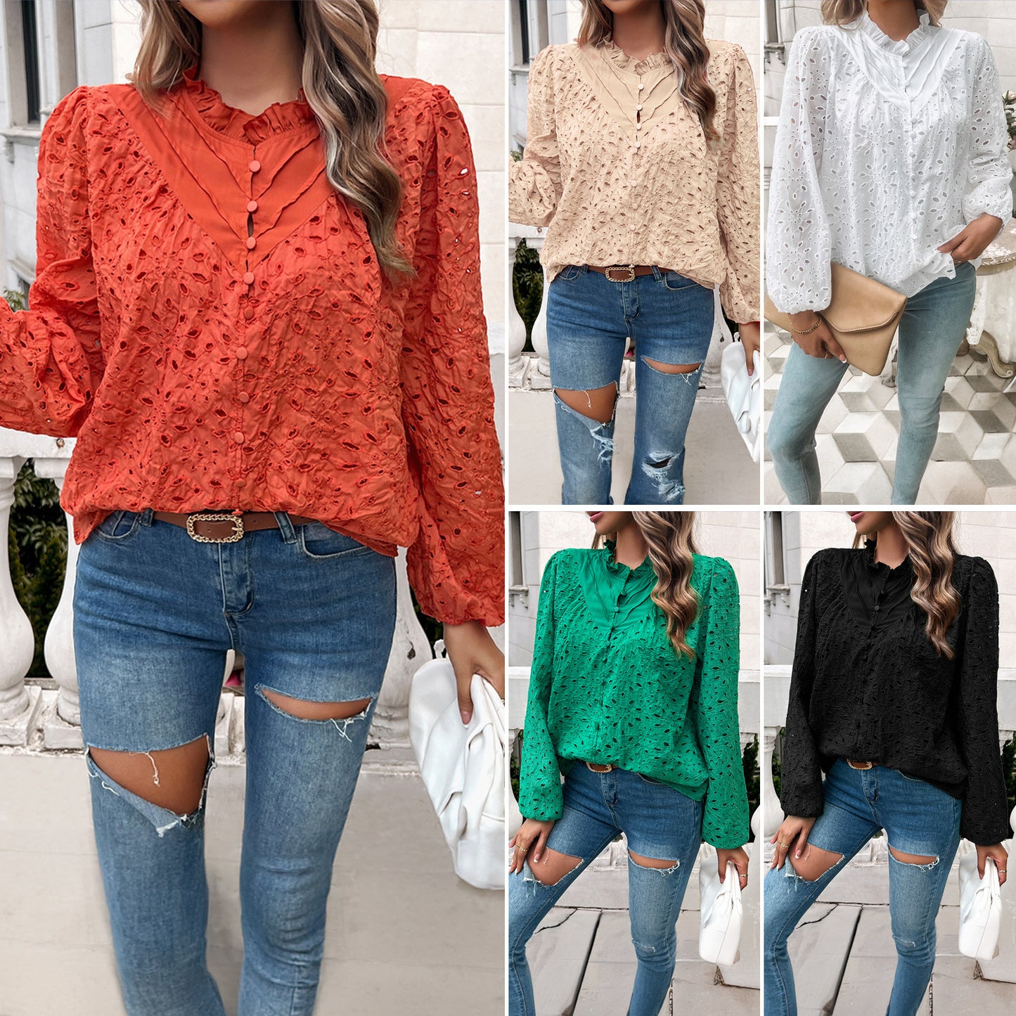 Blouse féminine tendance avec des broderies en dentelle florales et des détails de volants Chic und Stil
