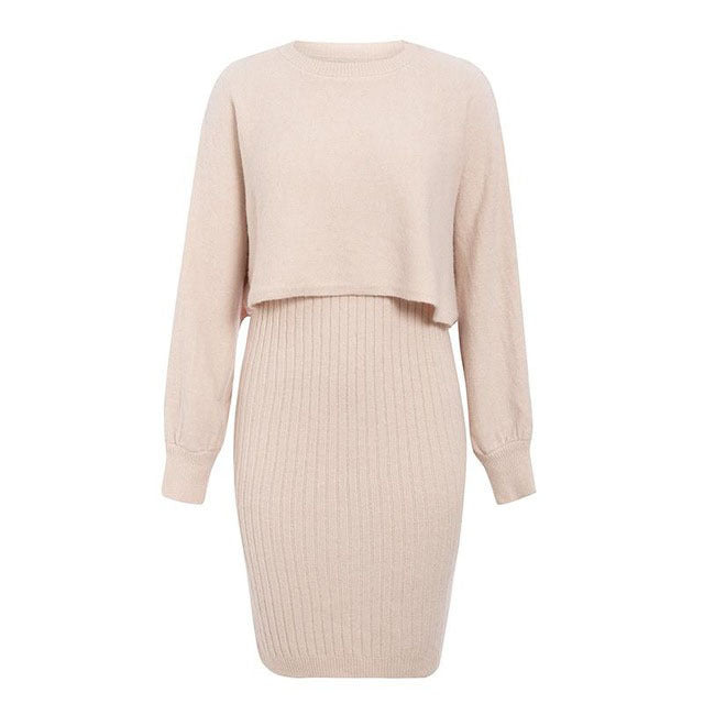 Robe midi tricotée pour femmes avec un haut de pull cropped décontracté et une texture côtelée Chic und Stil