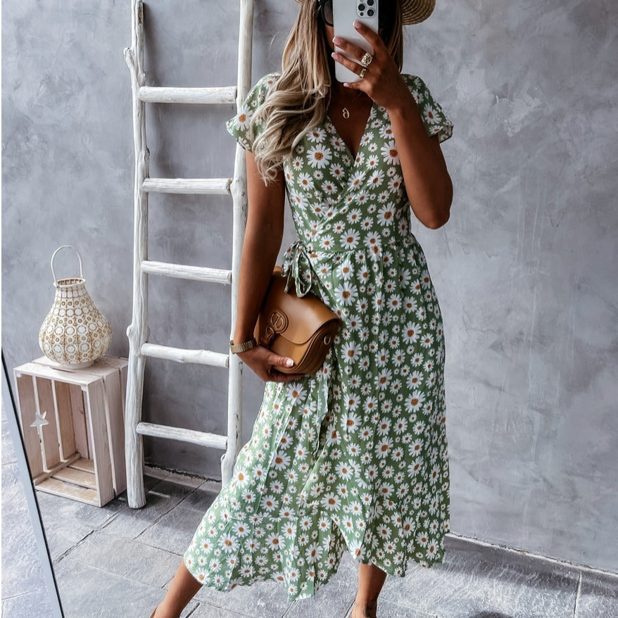 Chic and elegant women's floral wrap midi dress