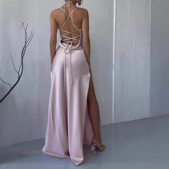 Dames Élégant Maxi-Robe en Coton de Sol avec Fins Bretelles Spaghetti et Décolleté Profond Chic und Stil