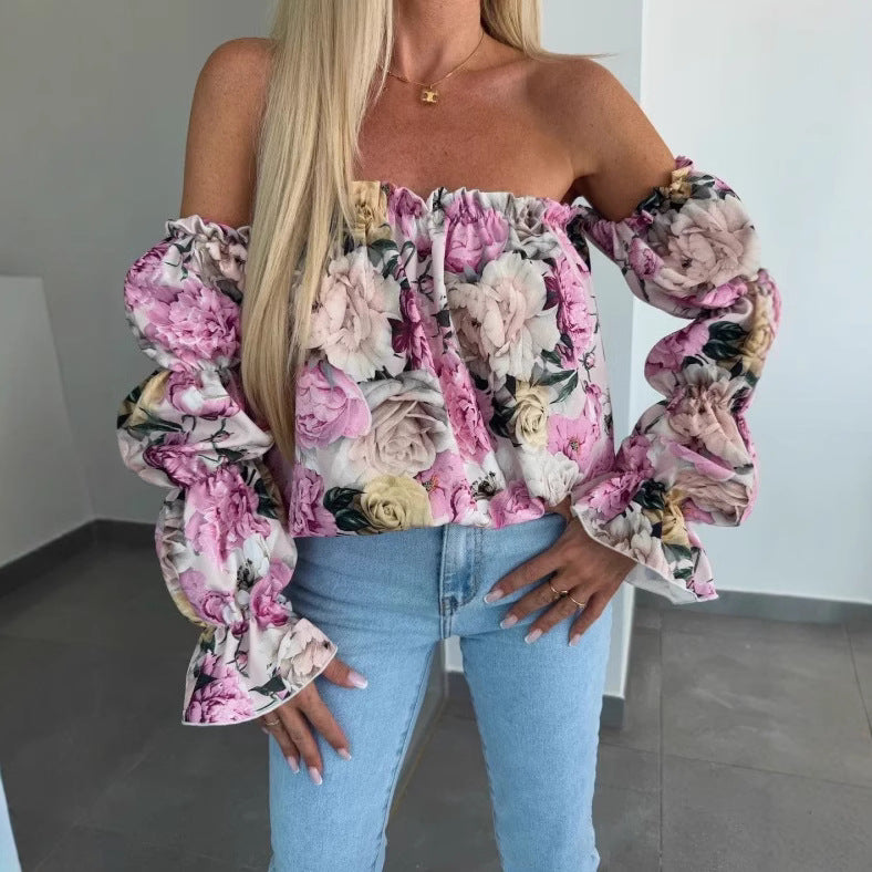Blouse à fleurs off-shoulder pour femmes avec manches ballon Chic und Stil