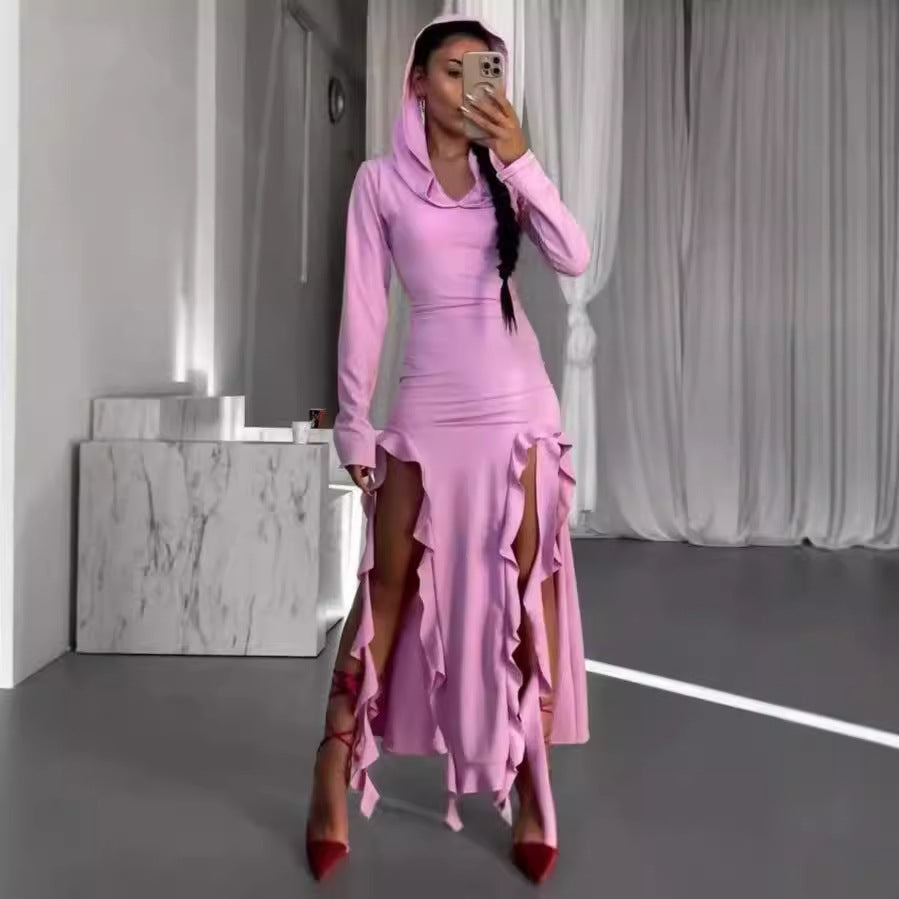 Robe maxi à manches longues pour femmes avec capuche et détails en volants Chic und Stil