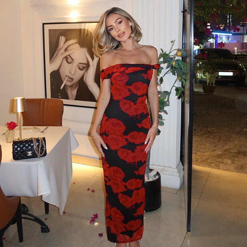 Robe Maxi Bodycon Fleurie Off-Shoulder Femme Chic und Stil