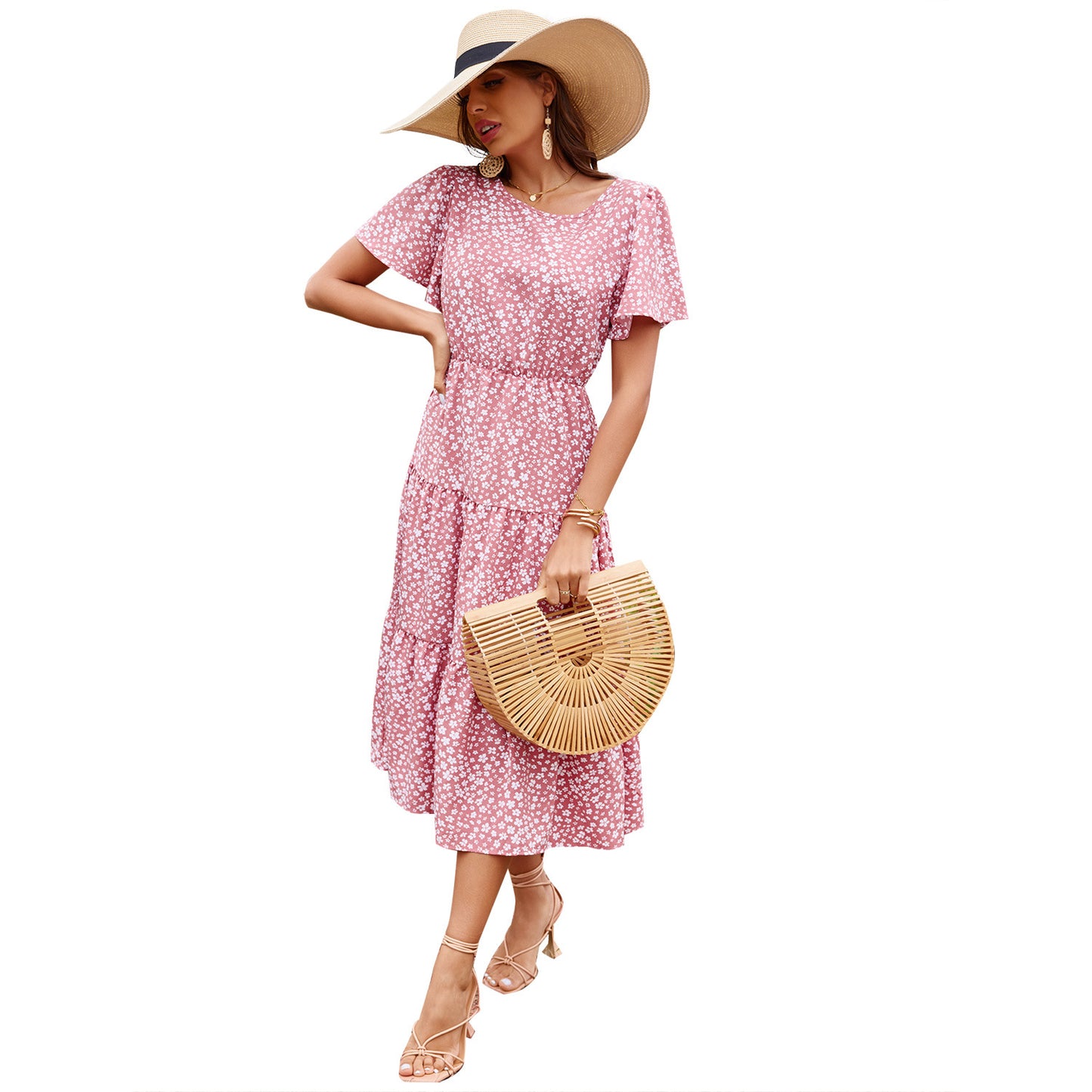 Robe maxi fluide pour femmes avec design floral et ceinture élastique à la taille Chic und Stil