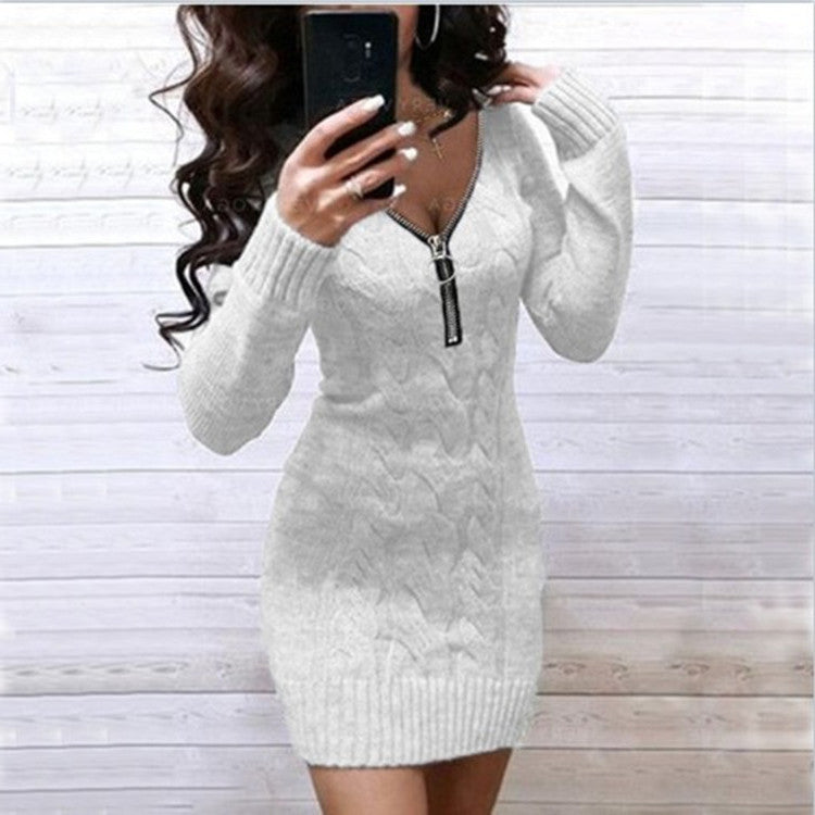 Robe en tricot pour femmes avec une fermeture éclair avant riche en détails et un motif losange élégant Chic und Stil