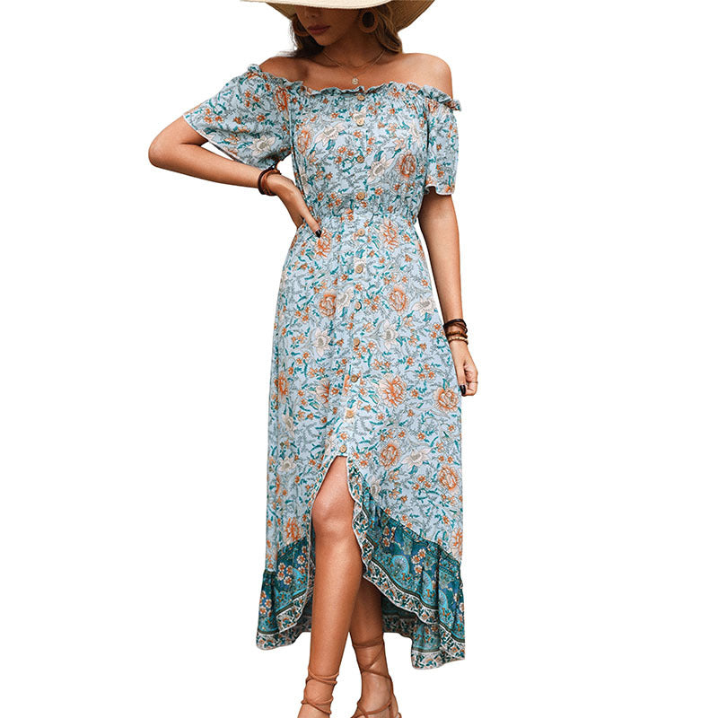 Robe maxi à fleurs off-shoulder pour femmes avec ourlet à volants Chic und Stil