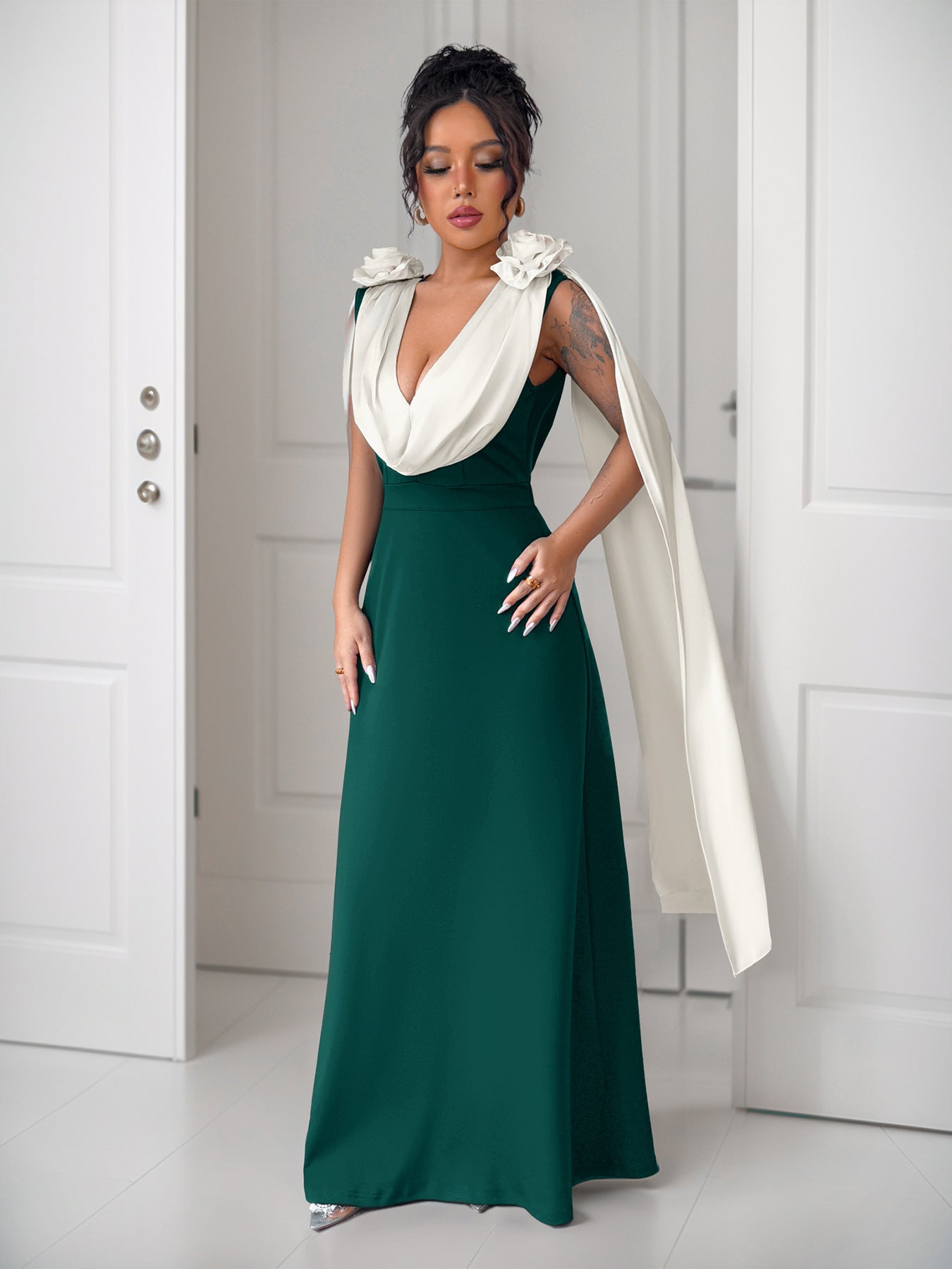 Robe Maxi Élégante Femme avec Manches Drapées Chic und Stil